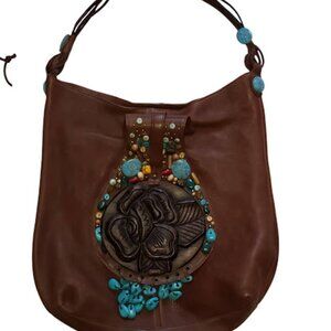 SALE!! Cole Haan G-Series Large Leather "Woodflower" Boho Brown Shoulder Bag
